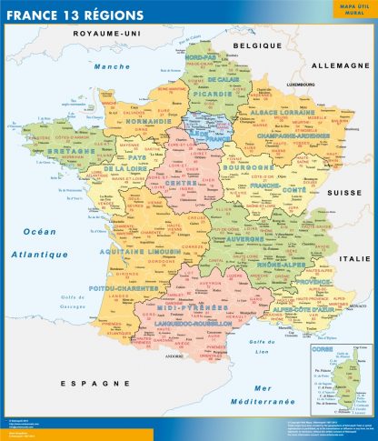 Mapa Nuevas Regiones Francia enmarcado plastificado 