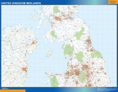 Mapa Reino Unido Midlands carreteras enmarcado plastificado