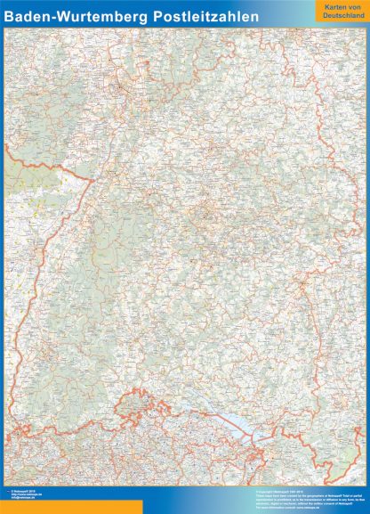 Mapa región Baden Wurtemberg codigos postales enmarcado plastificado 