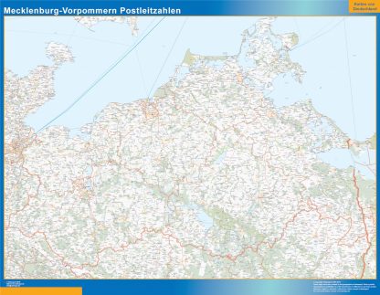 Mapa región Mecklenburg Vorpommern codigos postales enmarcado plastificado 